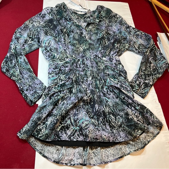 IRO DENIZ Blue Purple abstract DRESS NEW LUXURY A0554 Cotton Ruched Waist sz 34 - Picture 14 of 16